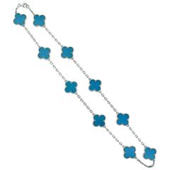 Van Cleef & Arpels Turquoise Vintage Alhambra White Gold 10 Motif Necklace 4