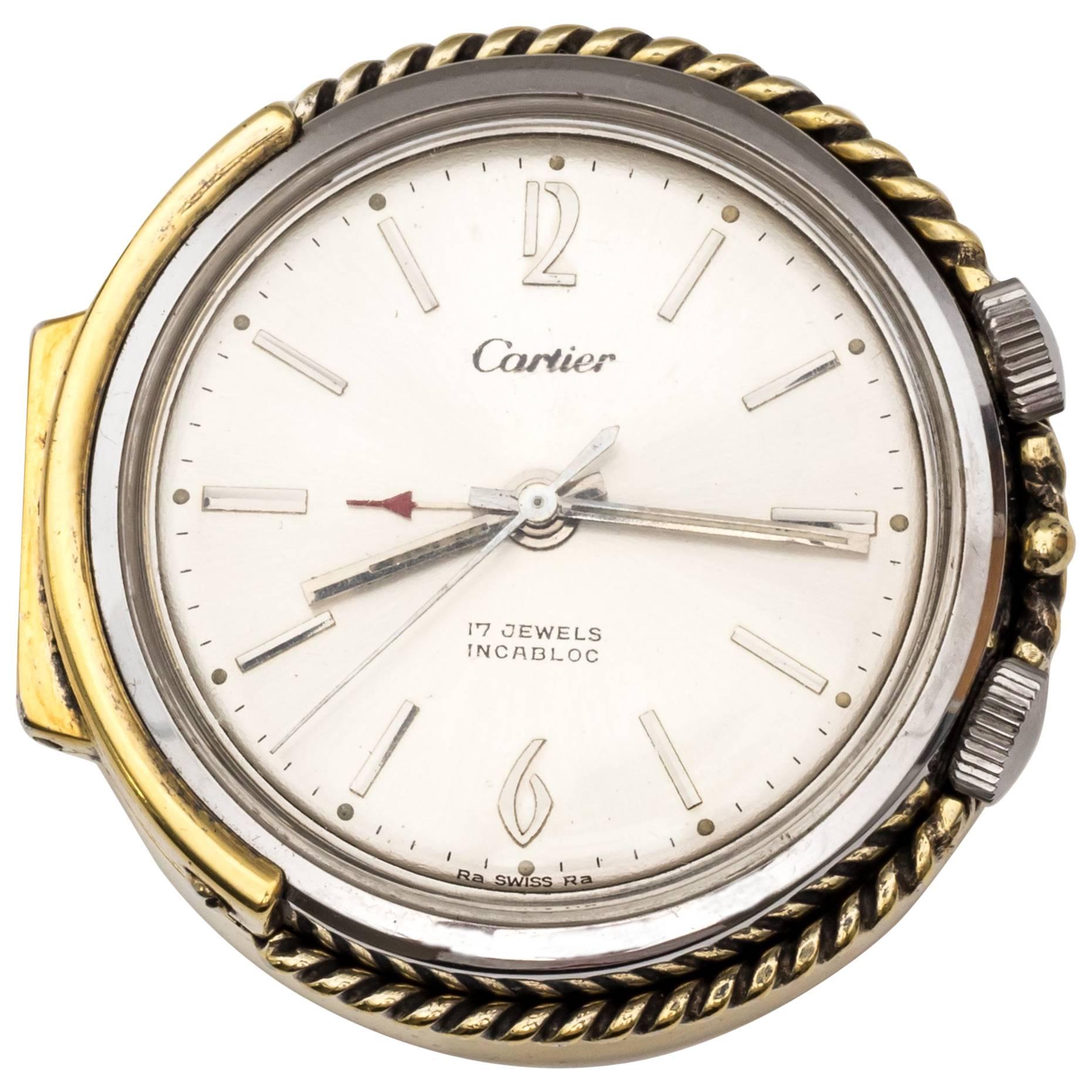 1950er Cartier Reisewecker- Alarmuhr aus Sterlingsilber und vergoldetem Silber im Angebot
