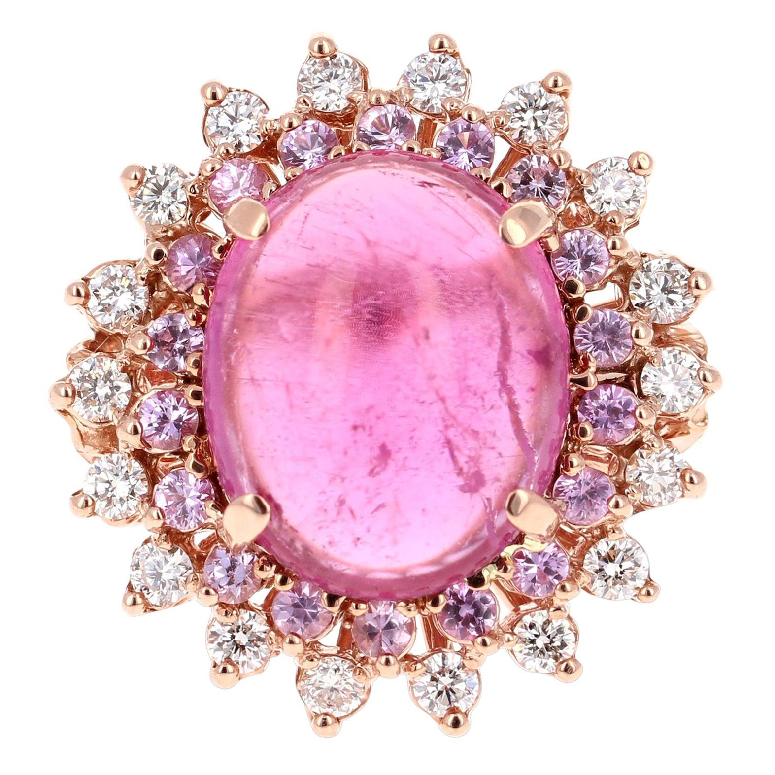 Anillo de cóctel de oro rosa con zafiro rosa y diamante turmalina de 7,42 quilates