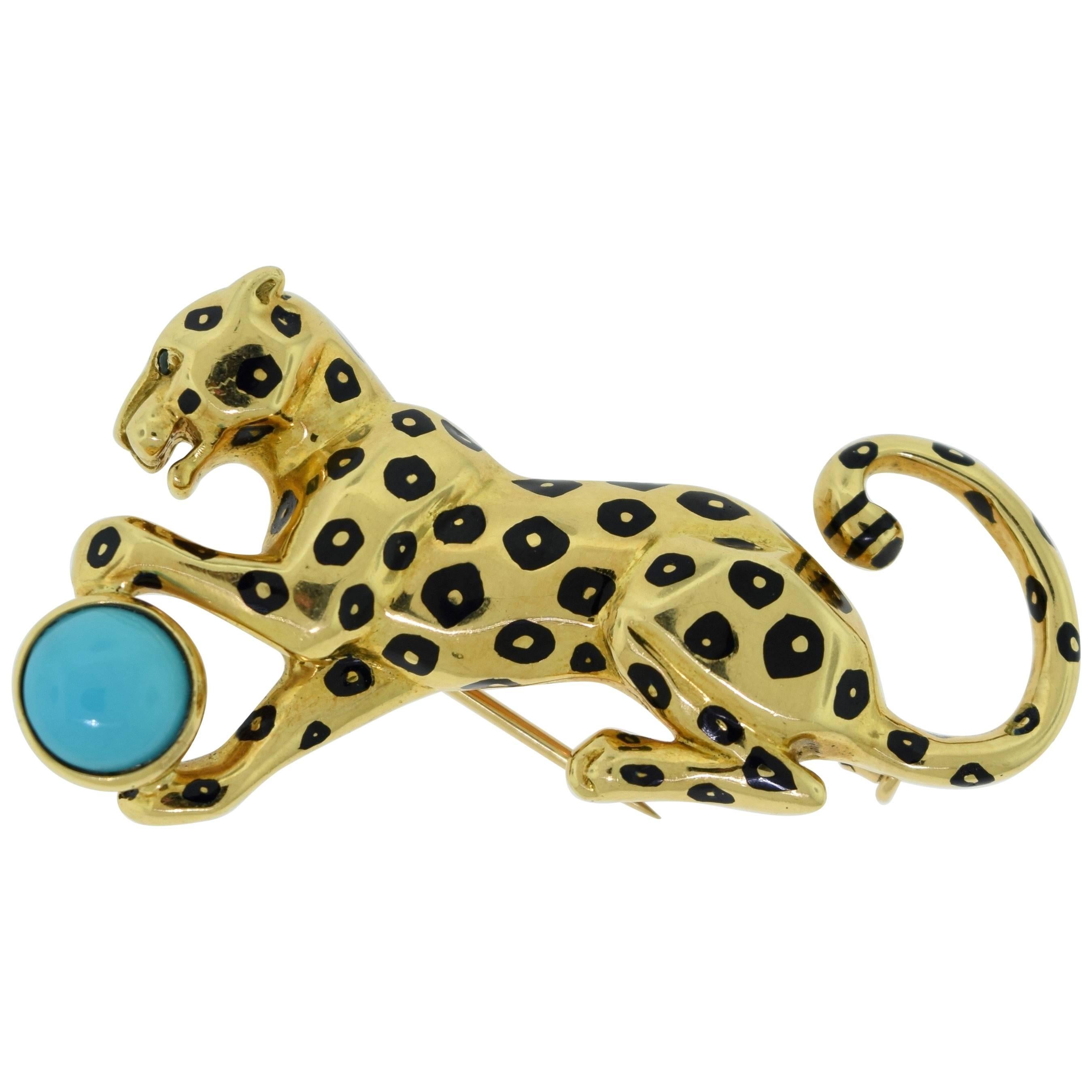 Cartier Yellow Gold Panther Pin with Turquoise and Black Enamel For Sale