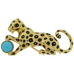 Cartier Yellow Gold Panther Pin with Turquoise and Black Enamel