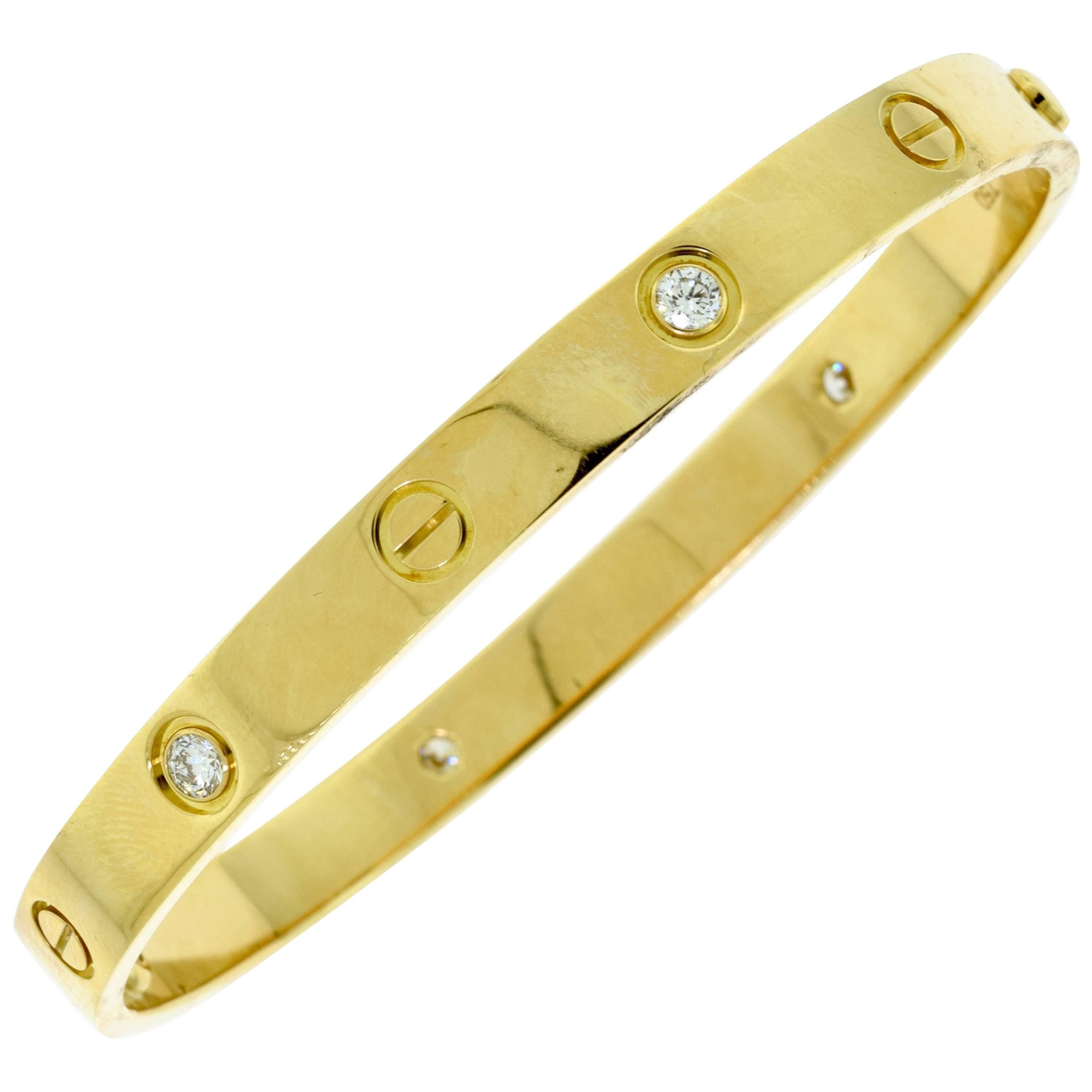 Cartier Yellow Gold Love Bracelet 4 Diamonds Size 18 For Sale