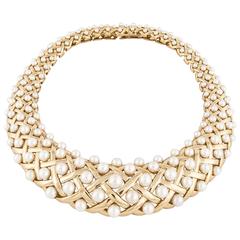 Chanel Pearl Yellow Gold Bib Collar Necklace 6