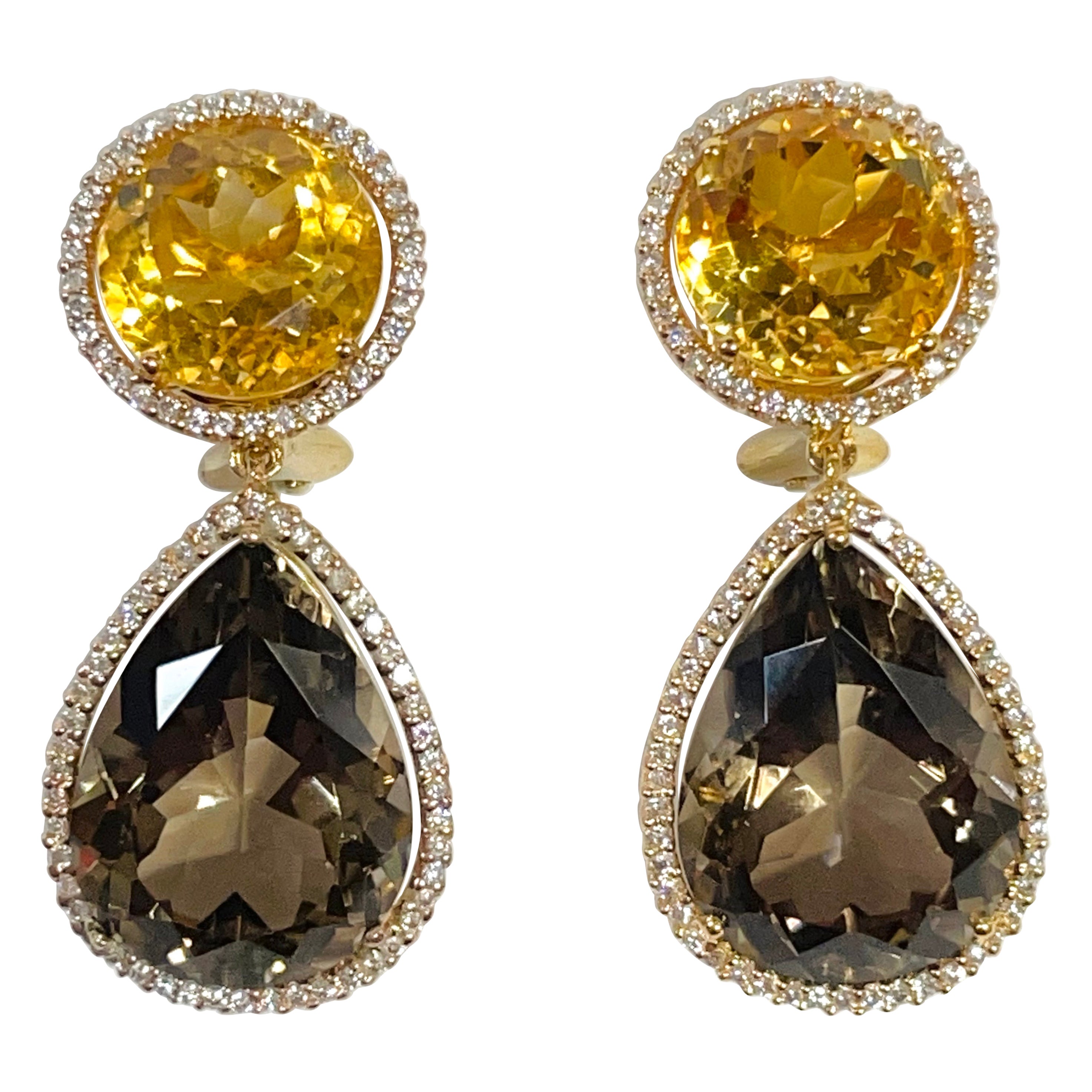 Boucles d'oreilles élégantes en or jaune ornées de citrine, topaze fumée et diamants