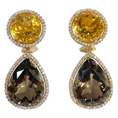 Elegant Yellow Gold Earrings Featuring Citrine, Smokey Topaz, and Diamond Accent