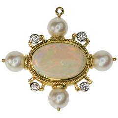Ethiopian Opal Pearl Gold Platinum Brooch Pendant