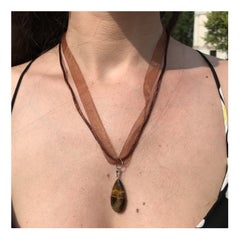 Tiger's Eye Necklace, Heart Pendant Necklace, Gemstone Ribbon Necklace