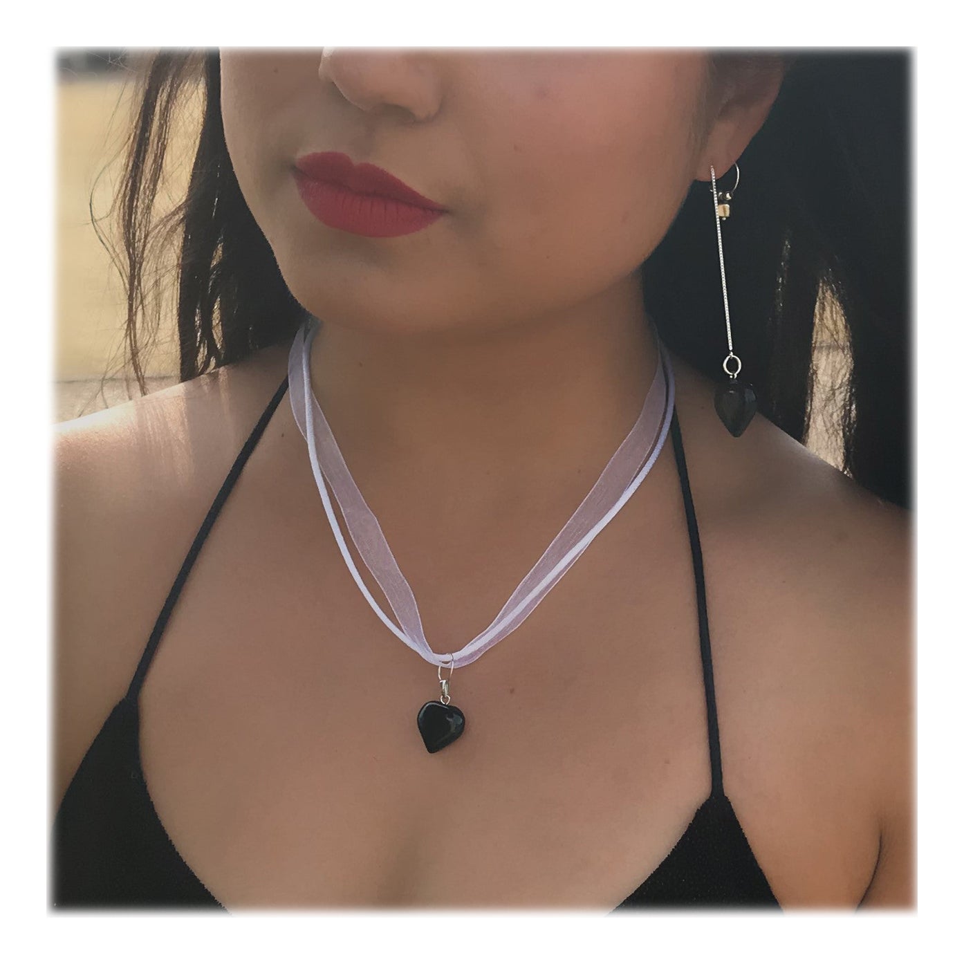 Black Onyx Necklace, White Ribbon Necklace, Gemstone Necklace For Sale