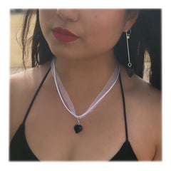 Black Onyx Necklace, White Ribbon Necklace, Gemstone Necklace