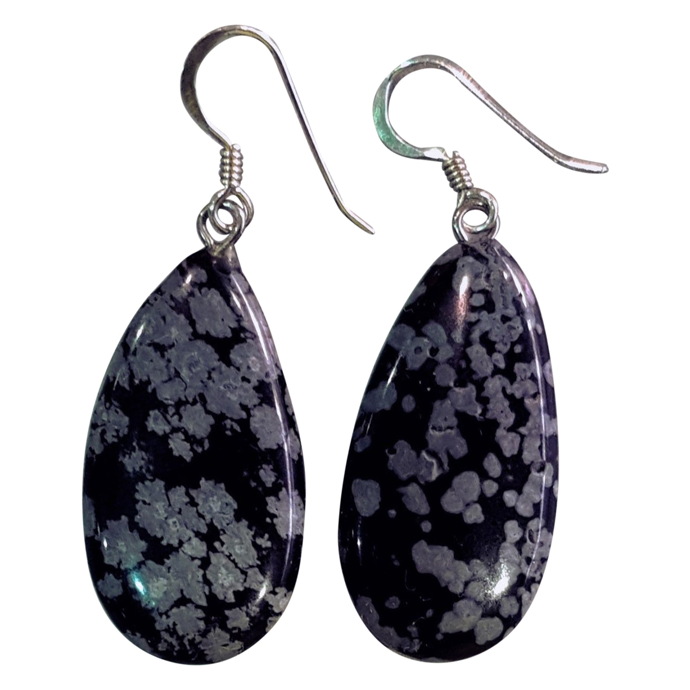 Snowflake Obsidian Earrings, Teardrop Sterling Silver Earrings by nlanlaVictory