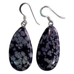 Snowflake Obsidian Earrings, Teardrop Sterling Silver Earrings by nlanlaVictory