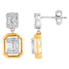 TJD 1.0 Carat Round & Baguette Diamond 14KT Two Tone Gold Drop Dangle Earrings
