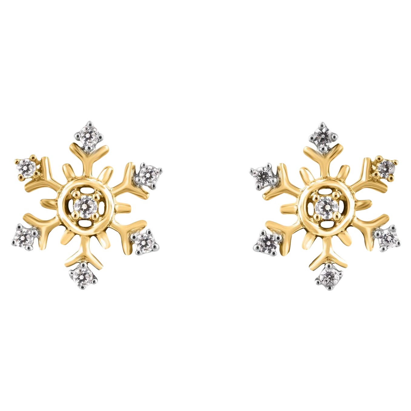 TJD 0.10 Carat Brilliant Cut Diamond 14KT Yellow Gold Snowflake Stud Earrings