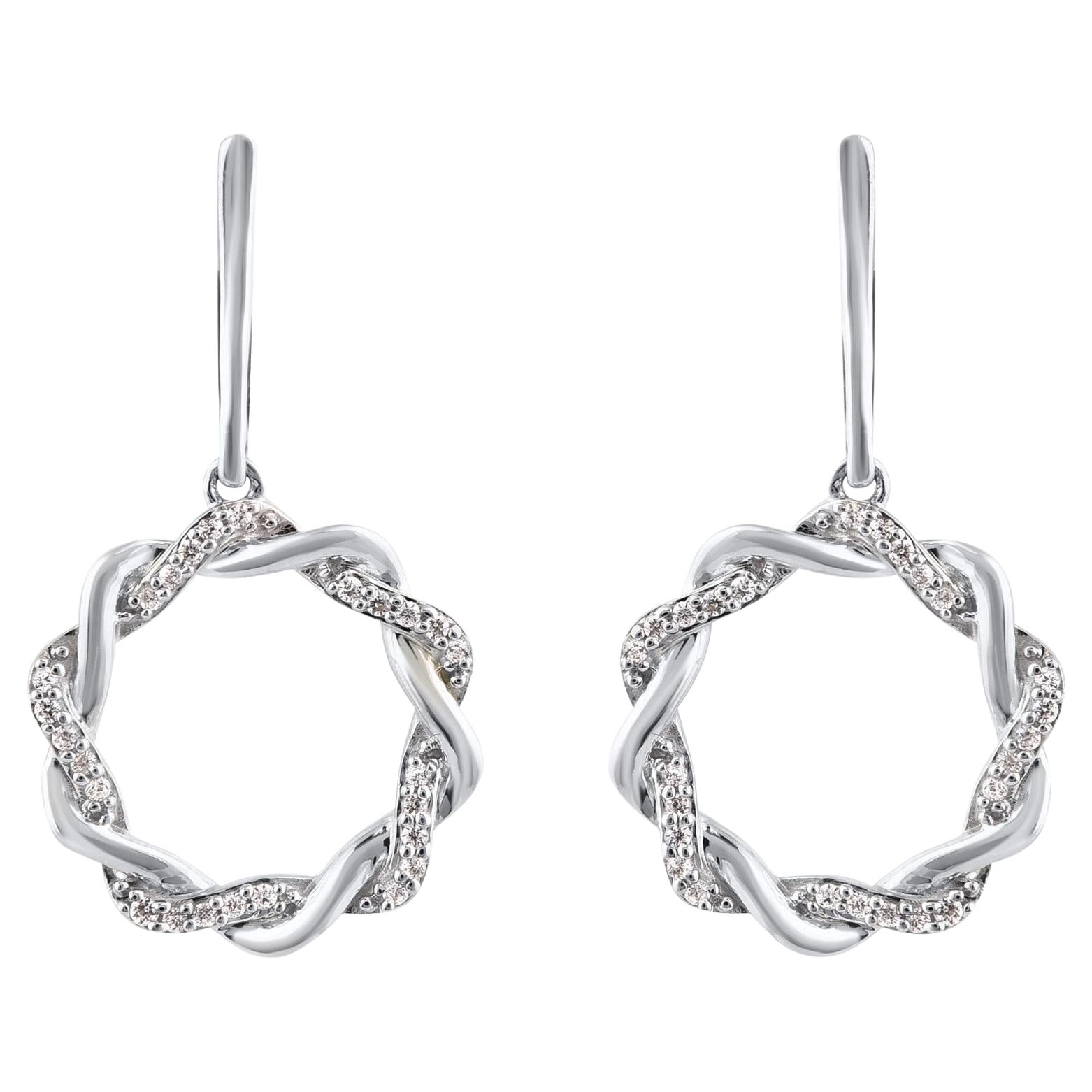 TJD 0.10 Carat Natural Round Diamond 14 Karat White Gold Circle Dangle Earrings