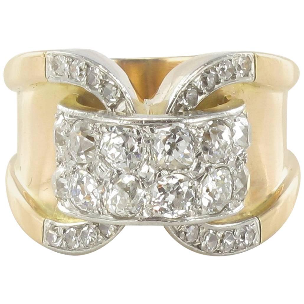 1940s French Diamond Rose Gold Tank Ring 