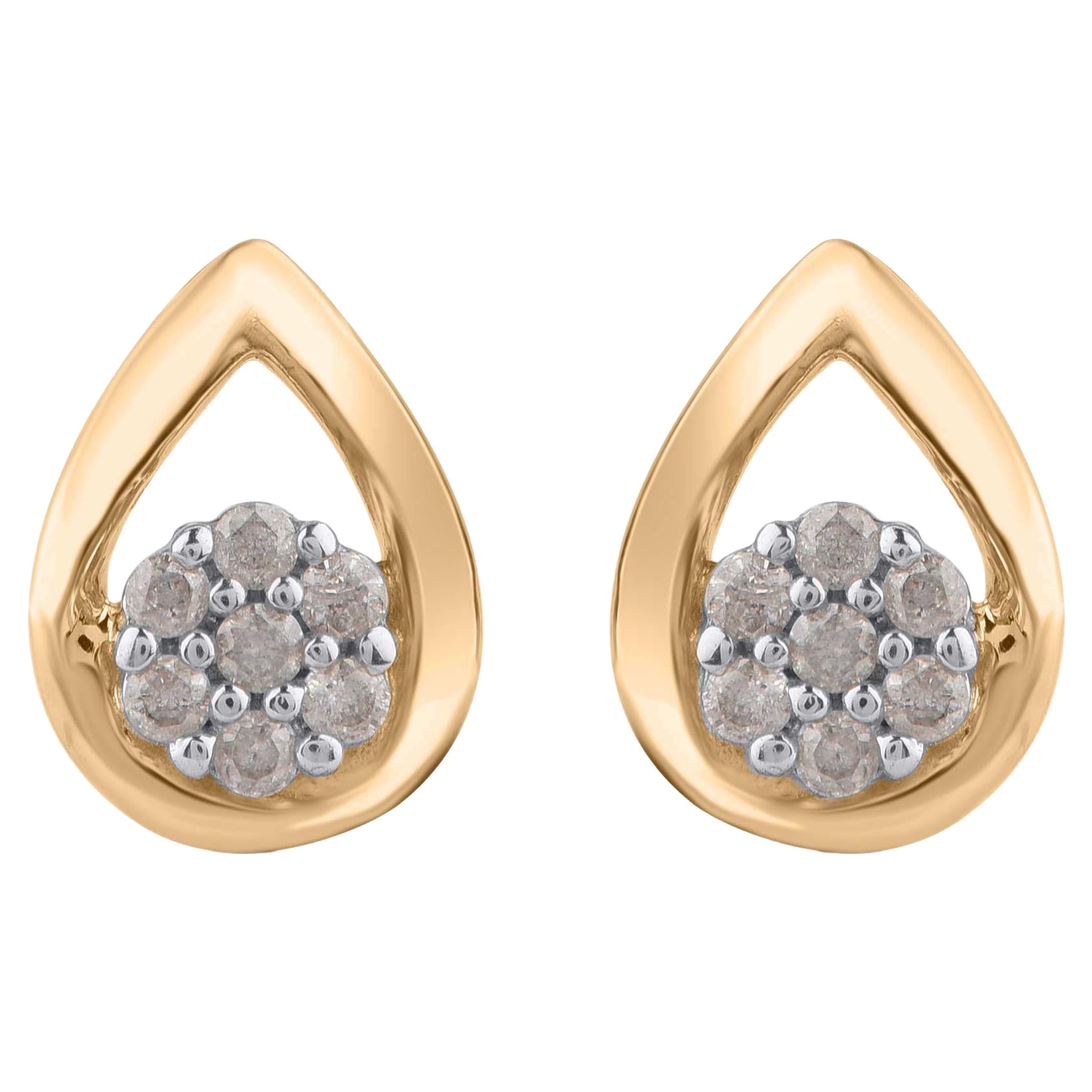 TJD 0.08 Carat Brilliant Diamond 14KT Yellow Gold Teardrop Floral Stud Earrings