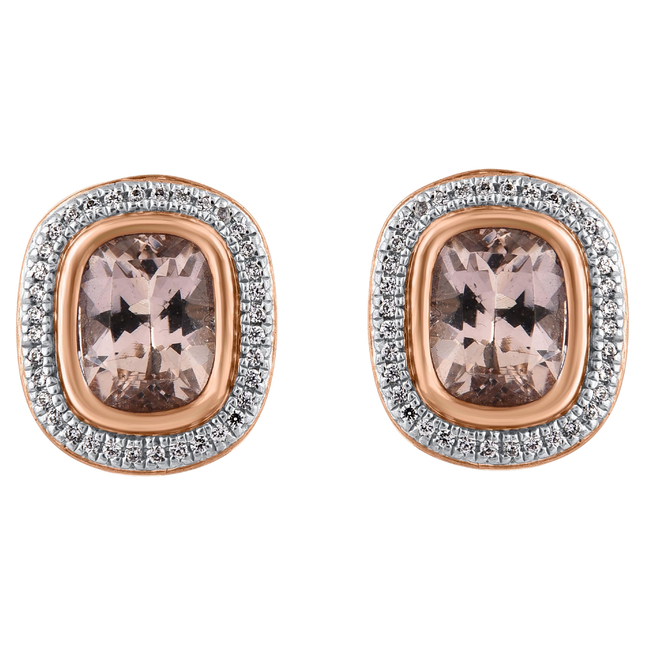 TJD 2.65 Carat Cushion Cut Morganite and Diamond 14KT Gold Halo Stud Earrings