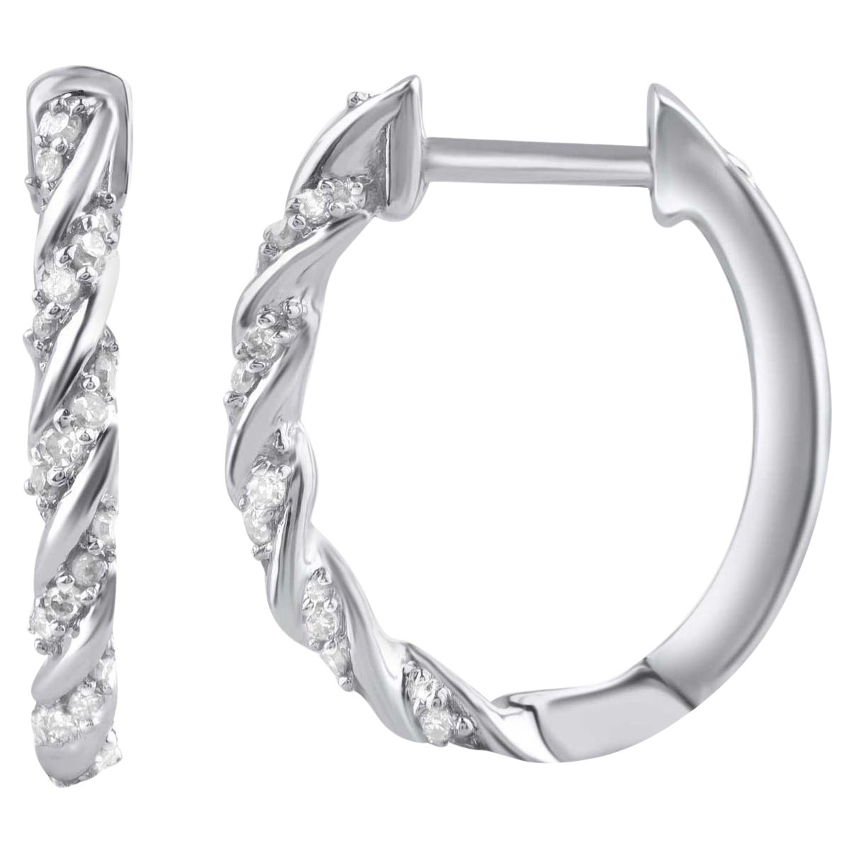 TJD Pendientes de aro abrazador de oro blanco de 14 quilates con diamante redondo natural de 0,12 quilates