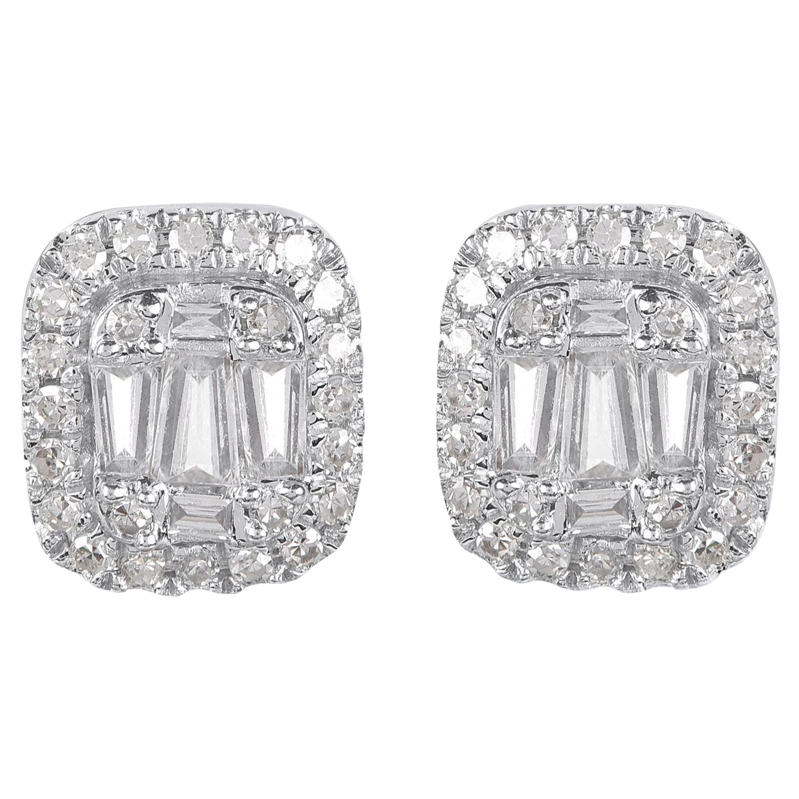 TJD 0.25 Carat Round & Baguette Diamond 14KT White Gold Halo Stud Earrings