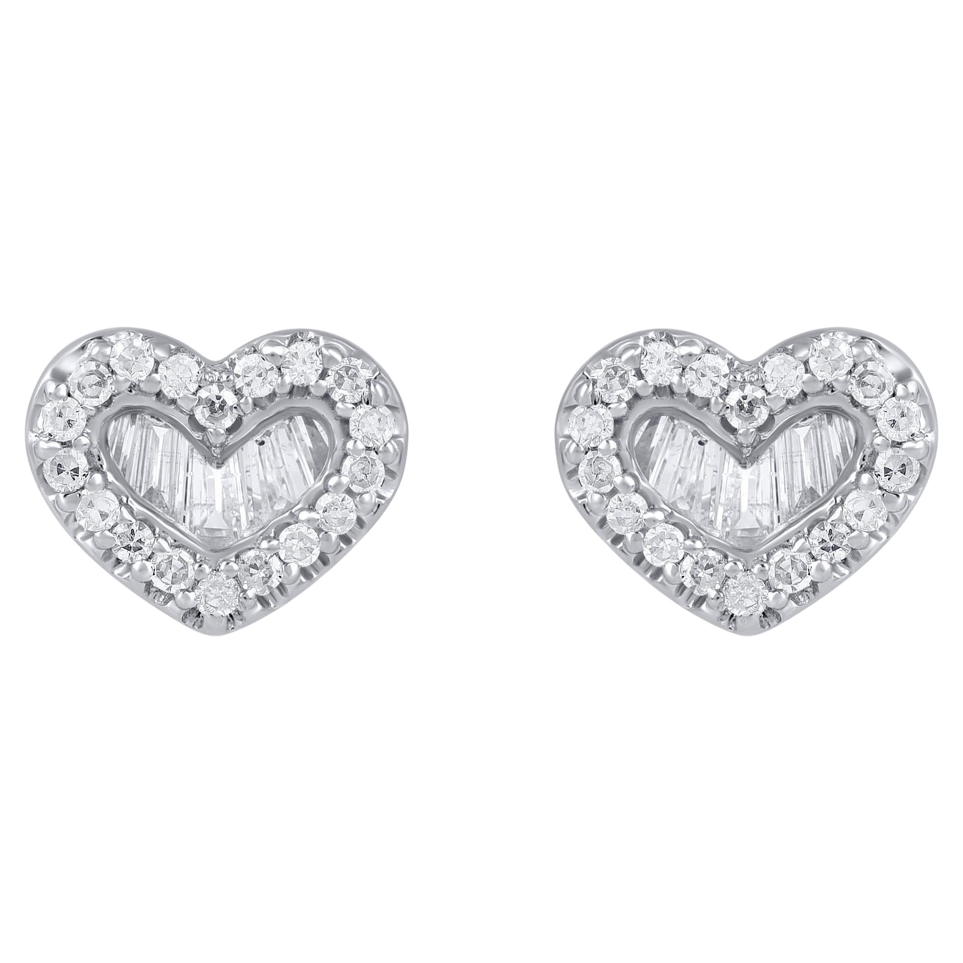 TJD 0.33 Carat Round and Baguette Diamond 14KT White Gold Heart Stud Earrings