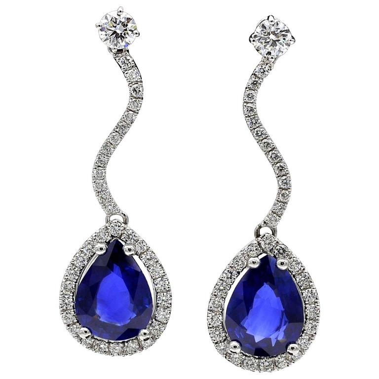 HRD Certified Pear Shape Sapphires Diamond Drop Gold Earrings For Sale ...