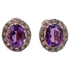 Amethysts, Diamonds, Rose Gold and Silver Earrings.