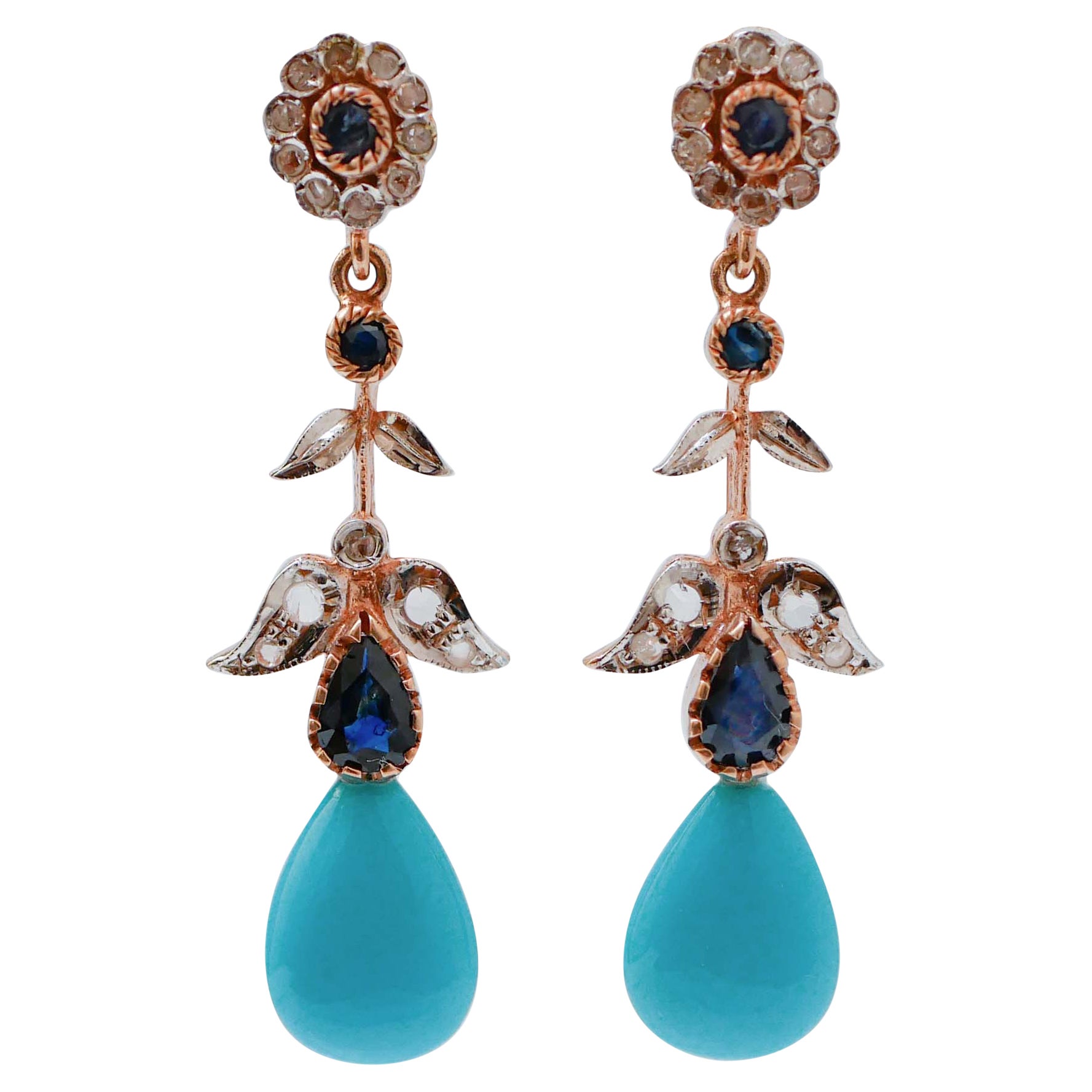 Pendientes de Turquesa, Zafiros, Diamantes, Oro Rosa y Plata.