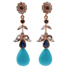 Turquoise, Sapphires, Diamonds, Rose Gold and Silver Earrings.