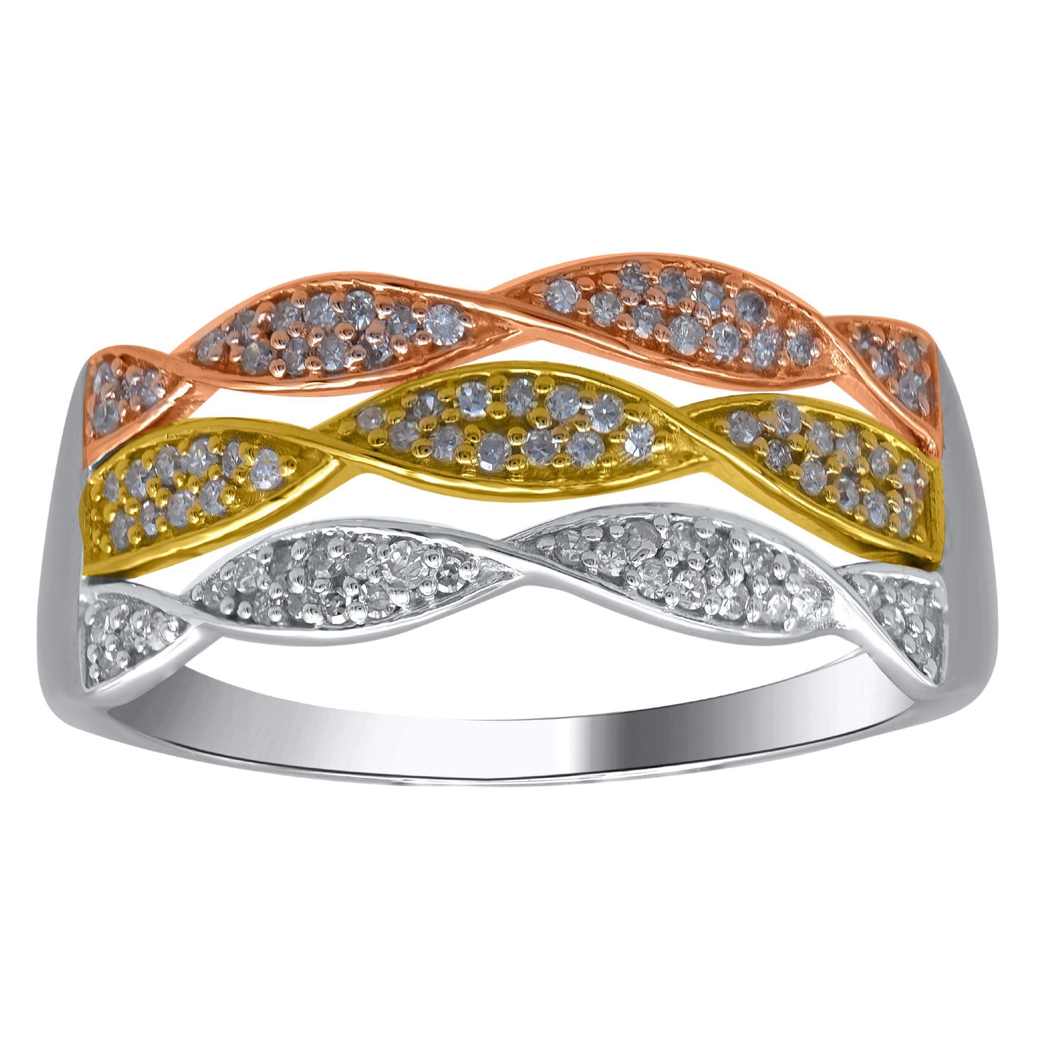 TJD 0.18 Carat Natural Round Diamond 14 Karat Tri-Color Gold Three Row Band Ring
