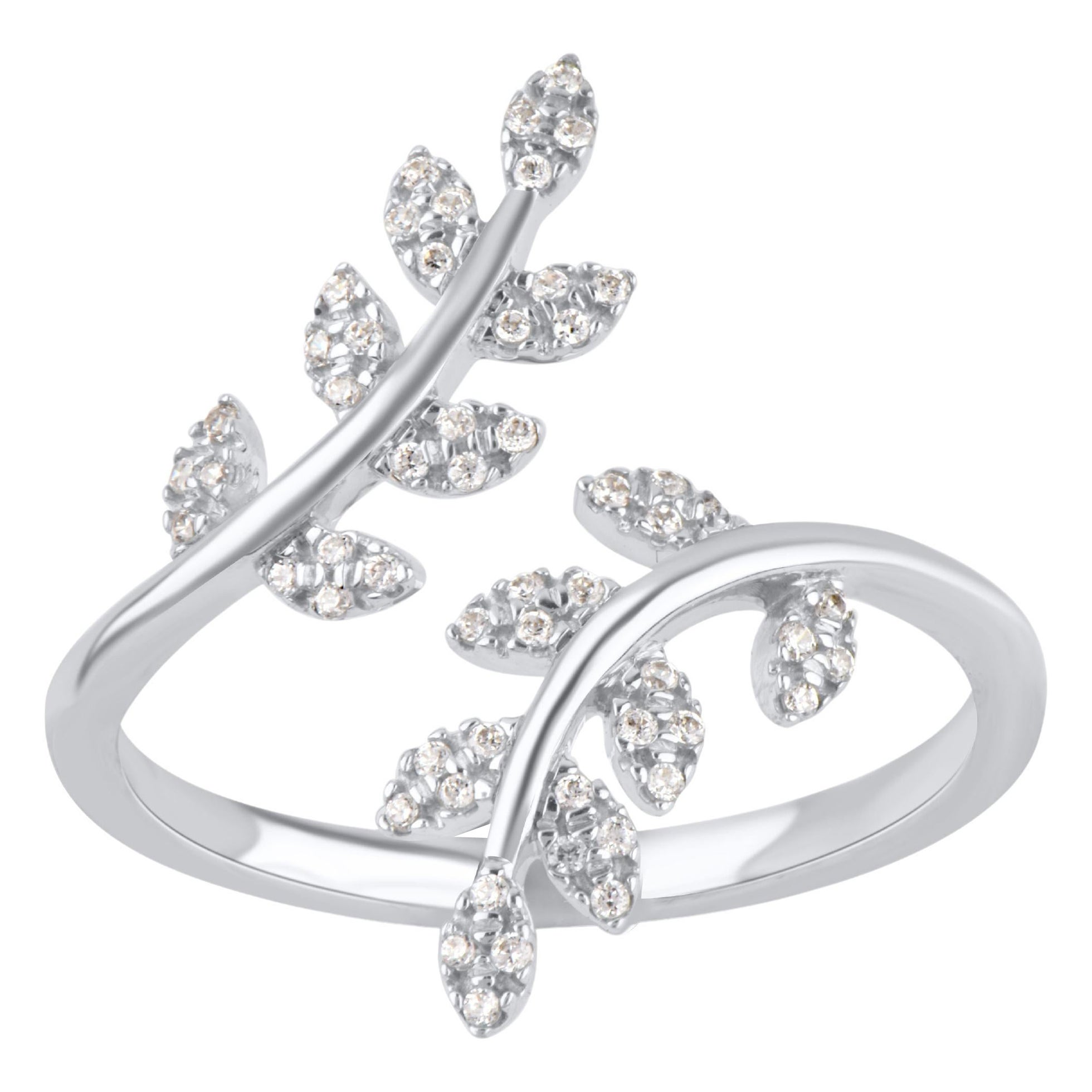 TJD 0.15 Carat Natural Round Cut Diamond 14 Karat White Gold Bypass Leaf Ring For Sale
