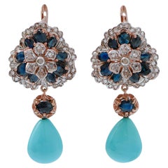 Turquoise, Sapphires, Diamonds, Rose Gold and Silver Earrings.