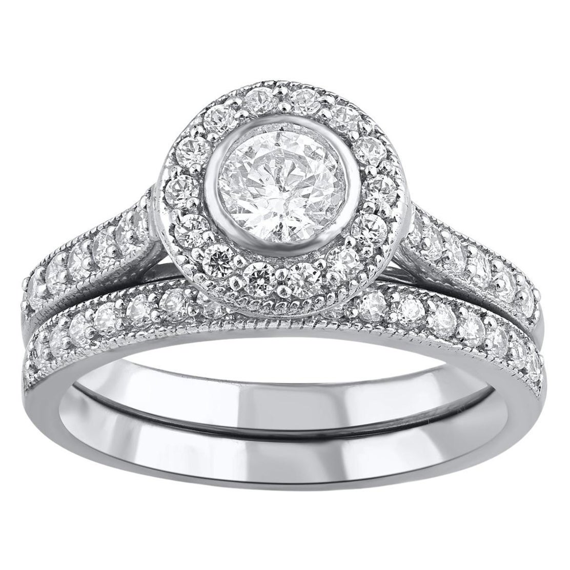 TJD 1,0 Quilate Diamante talla brillante Oro Blanco 14 Kilates Conjunto de Anillo de Novia
