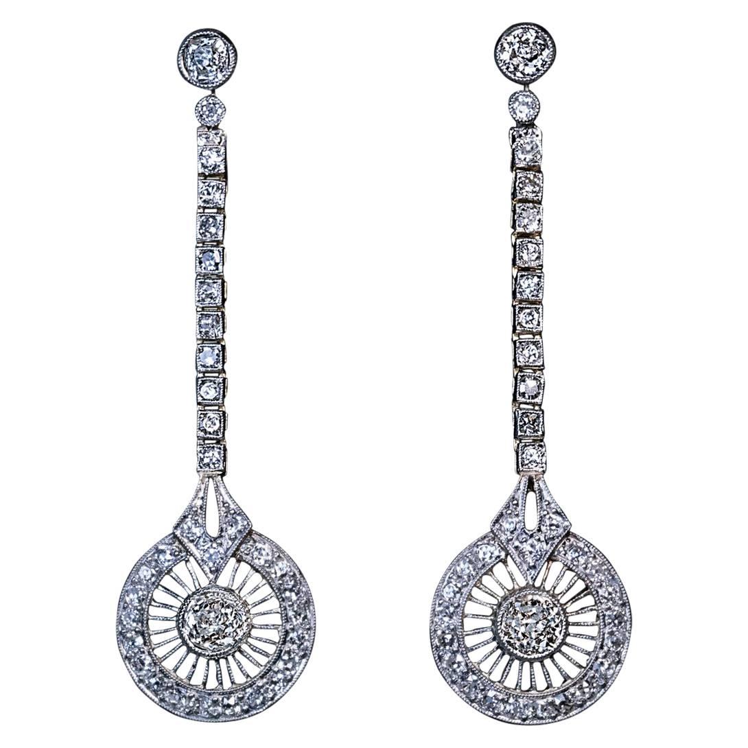 1920s Art Deco Diamond Gold Platinum Dangle Earrings For Sale