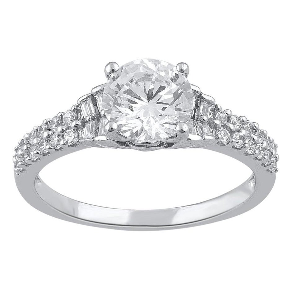 TJD 1.25 Carat Round & Baguette Cut Diamond 14 Karat White Gold Engagement Ring
