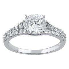 TJD 1.25 Carat Round & Baguette Cut Diamond 14 Karat White Gold Engagement Ring