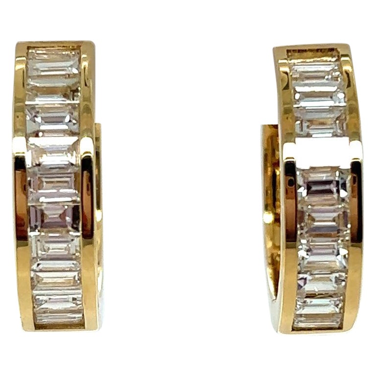 18 Karat Yellow Gold Baguette Cut Diamond Hoop Earrings For Sale
