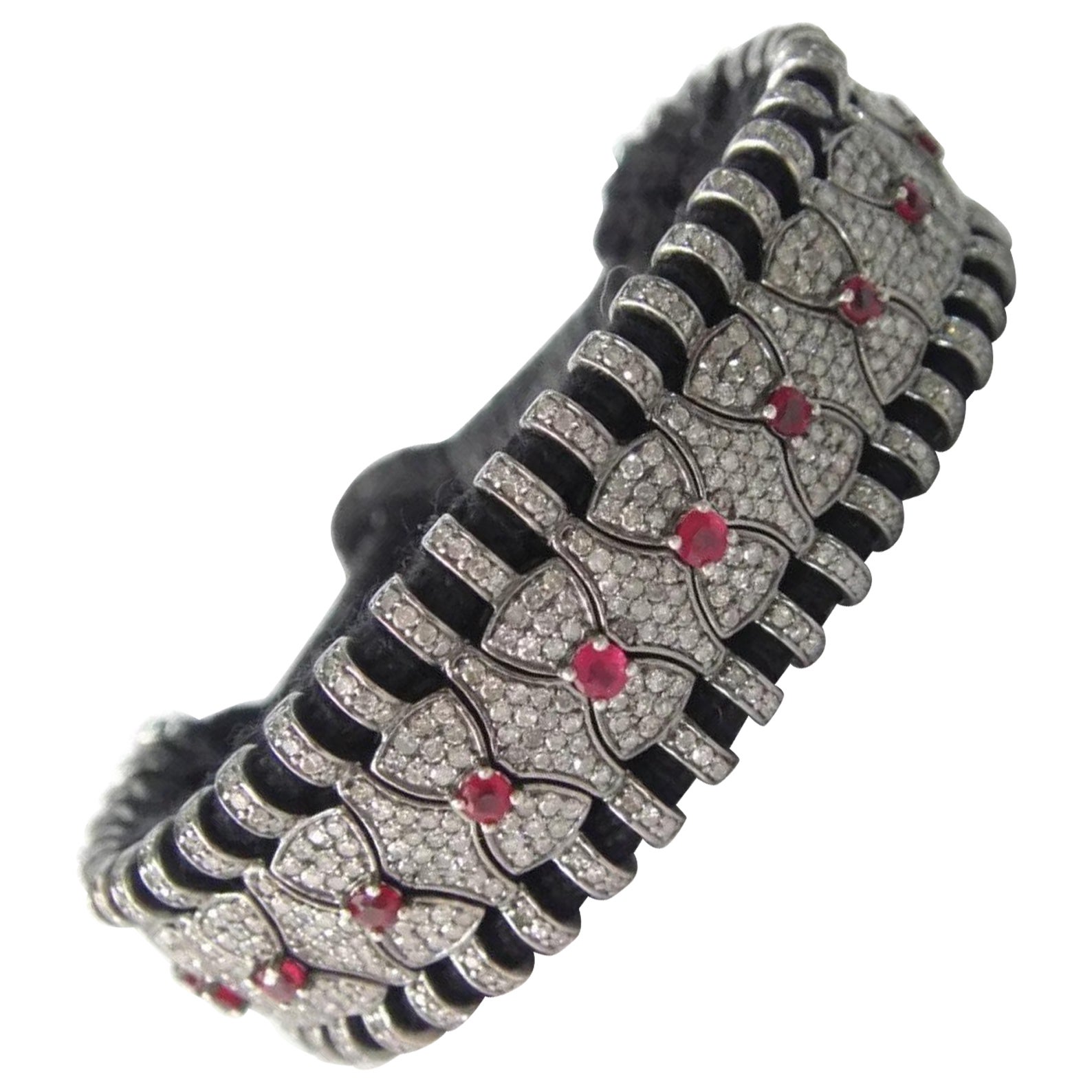 Pave Diamond Ruby Thread Macrame Bracelet 925 Sterling Silver Handmade Jewelry.
