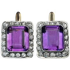 Russian Art Deco Amethyst Diamond silver topped gold Cluster Earrings