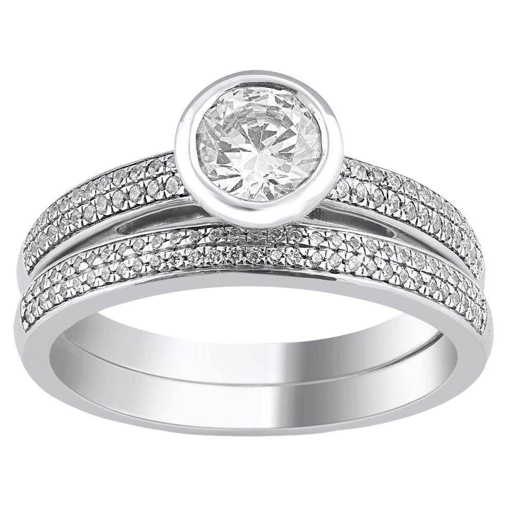 TJD 1.0 Quilates Diamante Natural de Corte Redondo Oro Blanco 14 Kilates Juego de Anillos de Novia