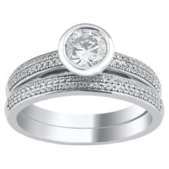 TJD 1.0 Quilates Diamante Natural de Corte Redondo Oro Blanco 14 Kilates Juego de Anillos de Novia