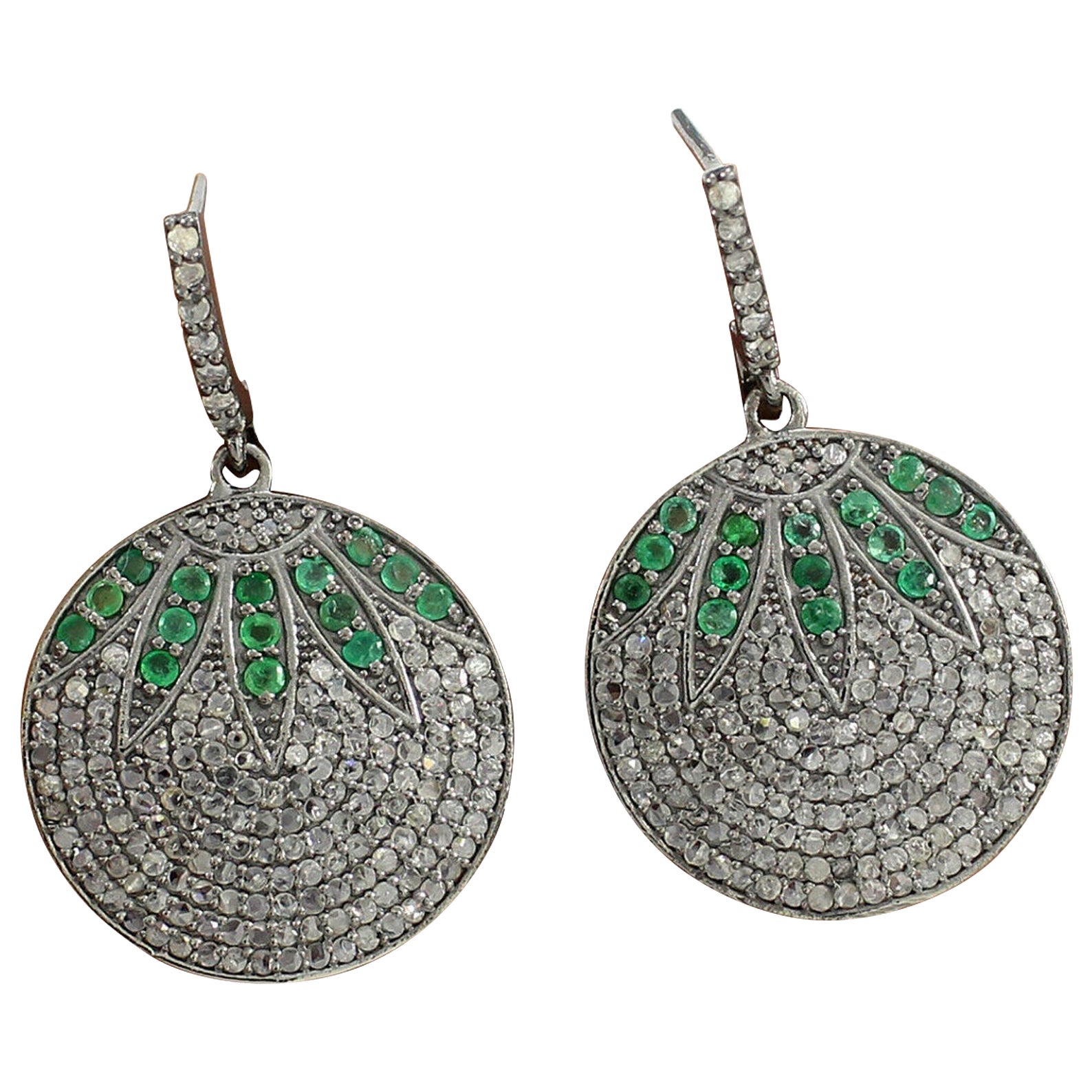 Pave Diamond Emerald Earring Round Disc Earring 925 Sterling Silver Fine Jewelry For Sale