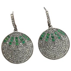 Pave Diamond Emerald Earring Round Disc Earring 925 Sterling Silver Fine Jewelry
