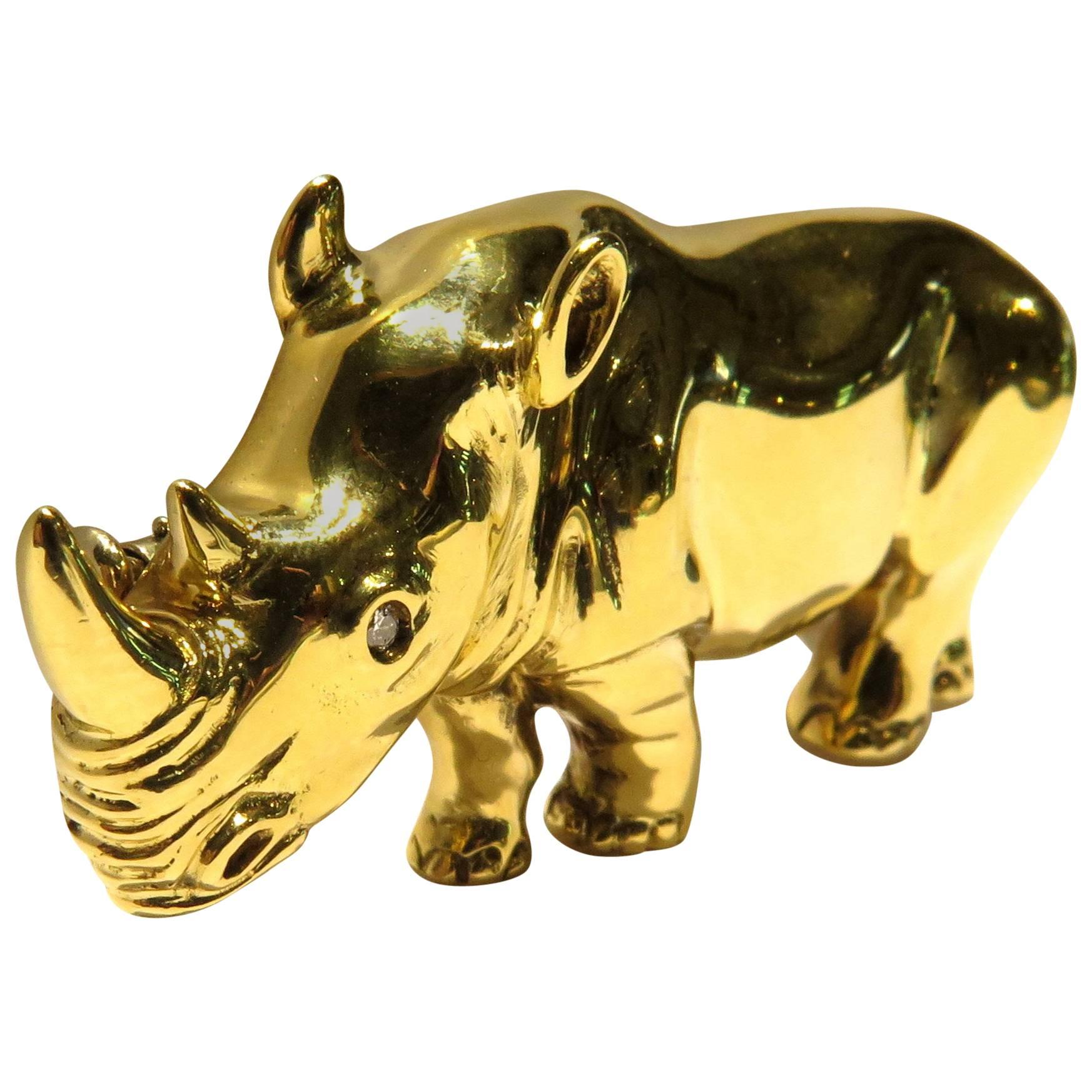 Majestic Diamond Gold Rhinoceros Brooch For Sale