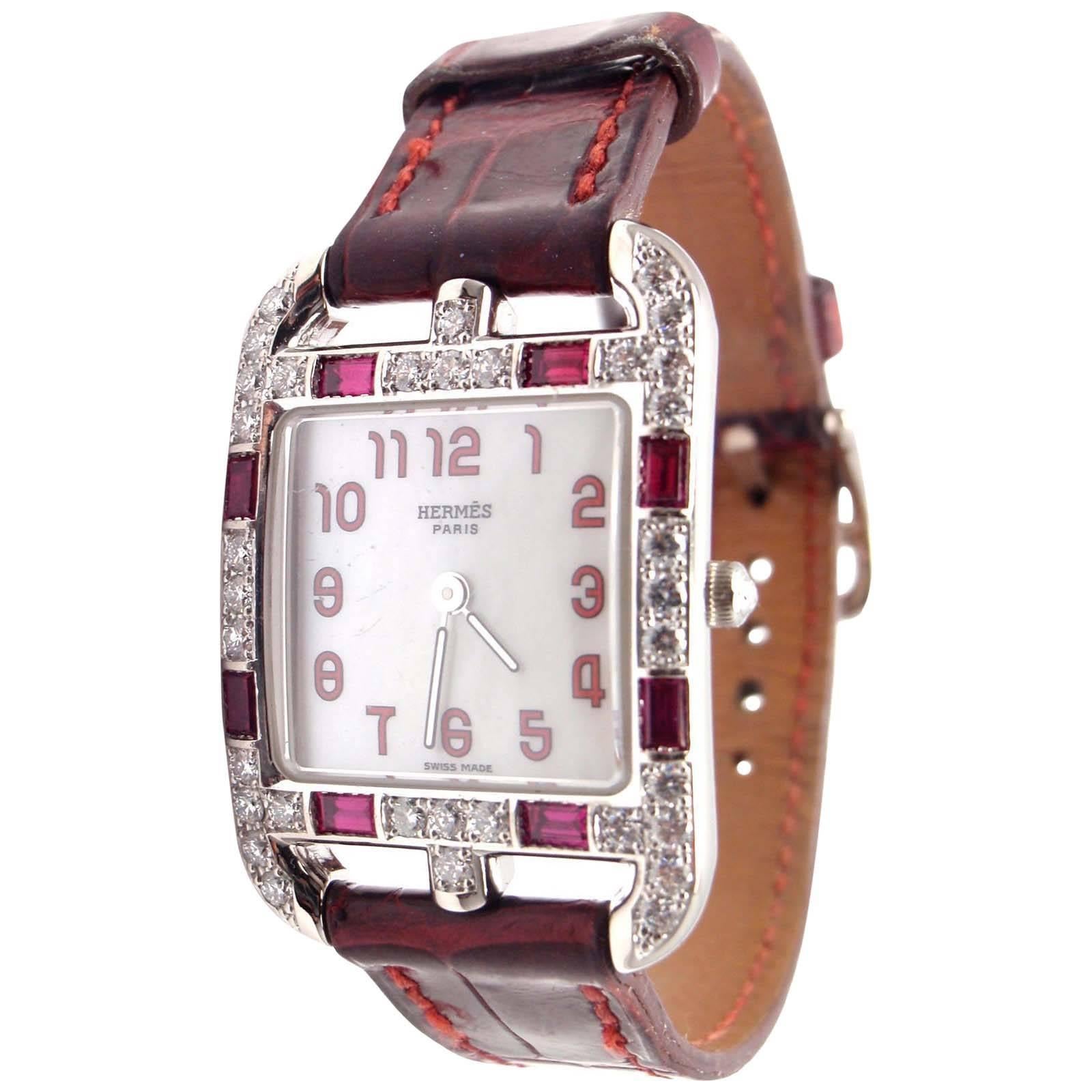 Hermes White Gold Diamond Ruby Red Band Cape Cod Quartz Wristwatch