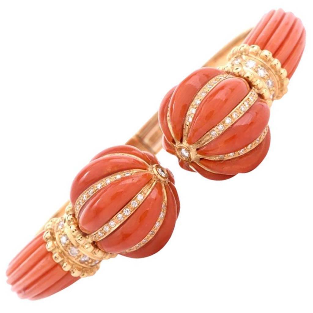Italian Natural Coral Diamond Gold Cuff Bangle Bracelet