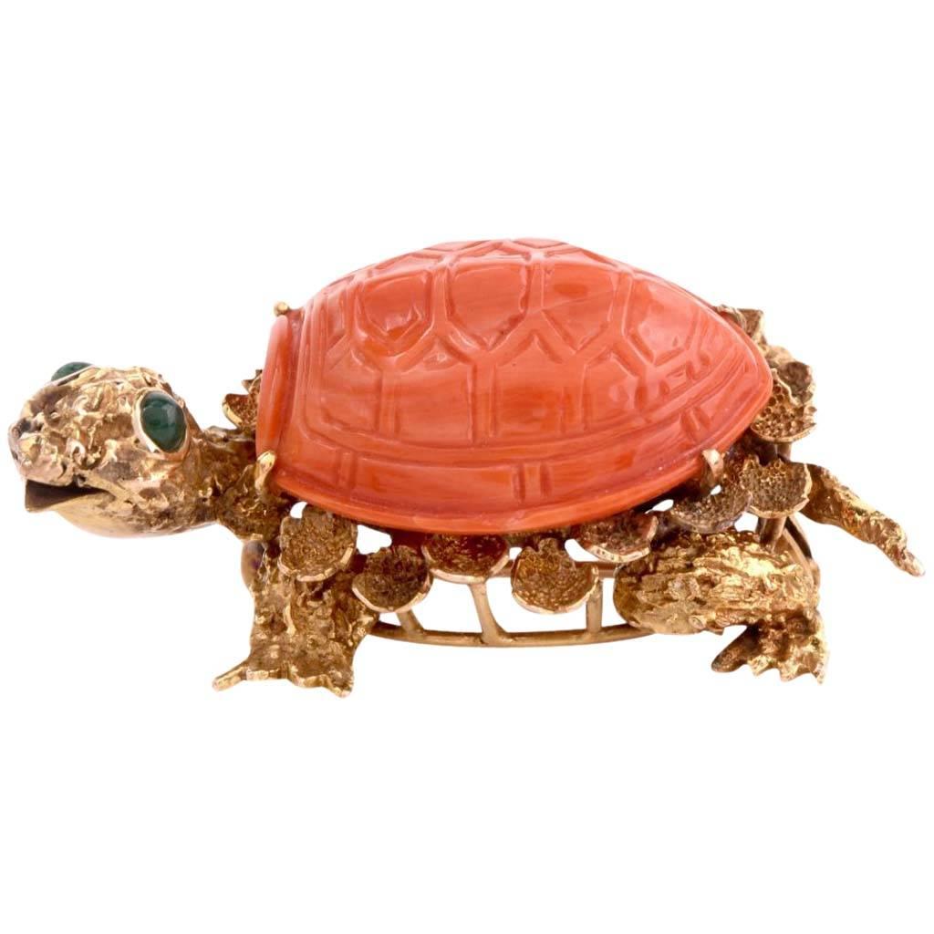 1960s Italian Coral Gold Turtle Brooch Pin