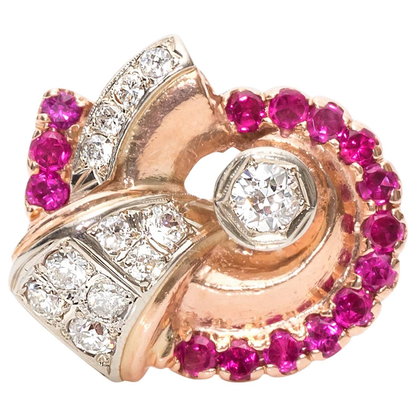 1950s Old European Diamonds Rubies Two-Color Gold Ring