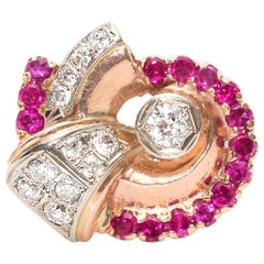 Vintage 1950s Old European Diamonds Rubies Two-Color Gold Ring