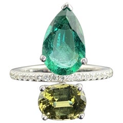 Certified Emerald and Tourmaline Cocktail Ring in 18K White Gold