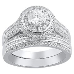 TJD 1.0 Quilates Diamante Natural de Corte Redondo Oro Blanco 14 Kilates Juego de Anillos de Novia